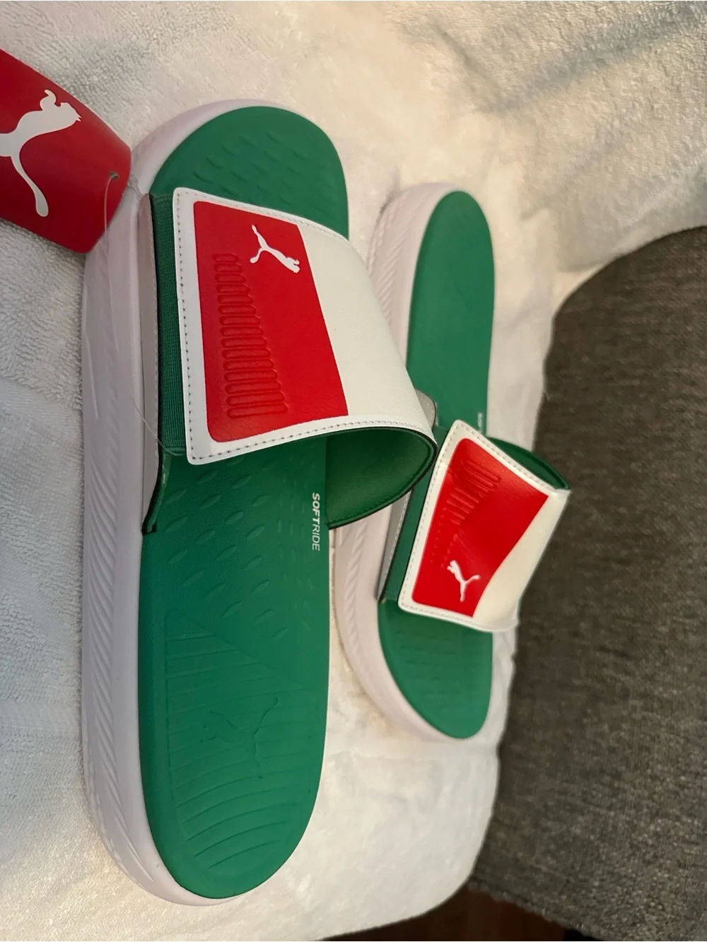 Puma Green White Slide Sandals with Red Logo Accent